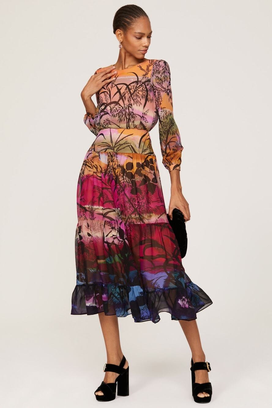 Saloni Isabel Multicolor Print Long Sleeve Silk Midi Dress Size 6